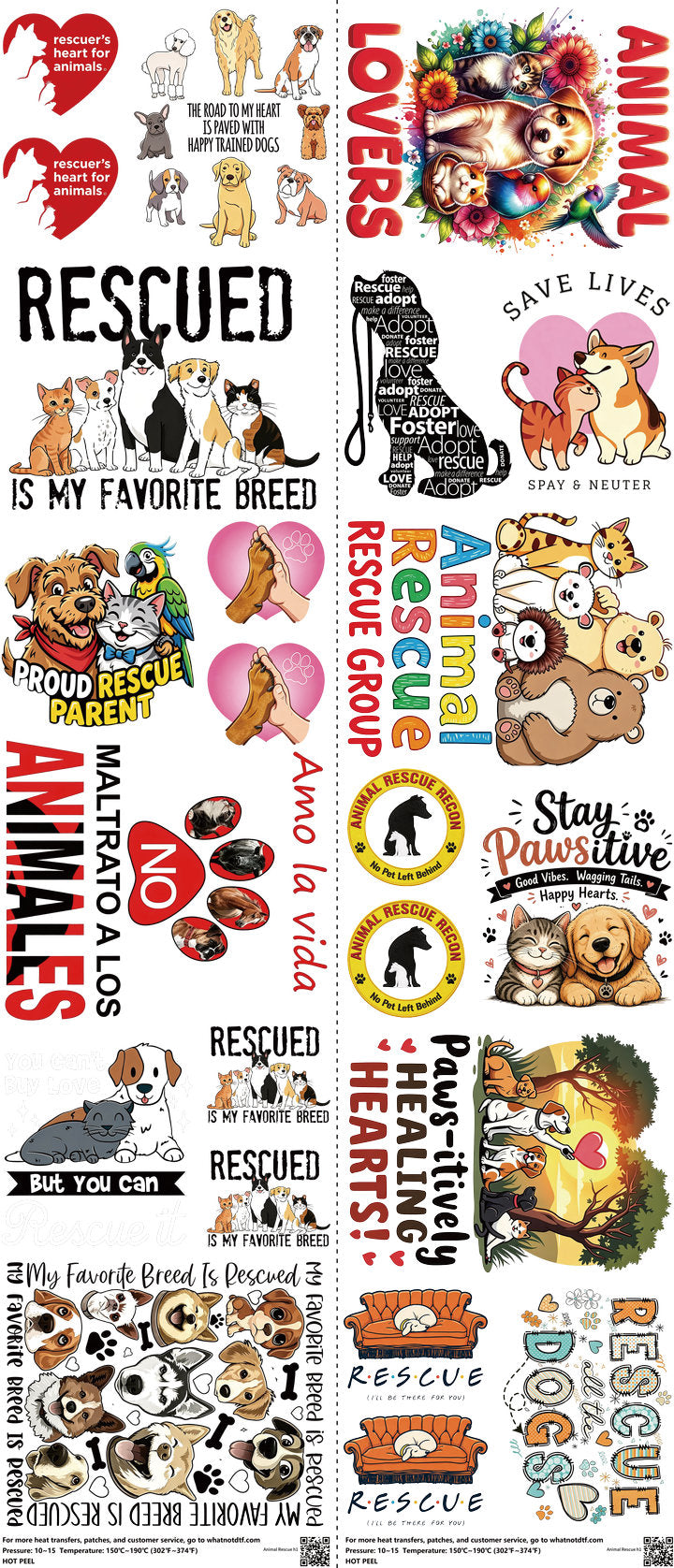 Animal Rescue mixed-style heat transfer design set on a 23.5 by 53 inch sheet