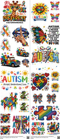 Autism mixed-style heat transfer design set on a 23.5 by 53 inch sheet