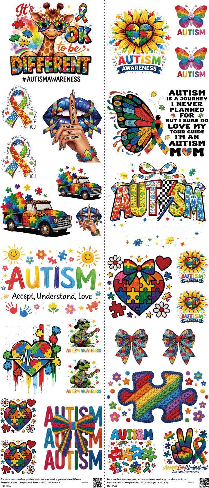 Autism mixed-style heat transfer design set on a 23.5 by 53 inch sheet