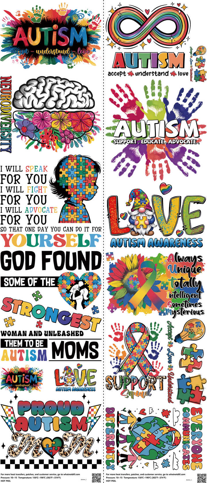 Autism mixed-style heat transfer design set on a 23.5 by 53 inch sheet