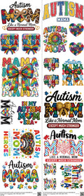 Autism Mom mixed-style heat transfer design set on a 23.5 by 53 inch sheet