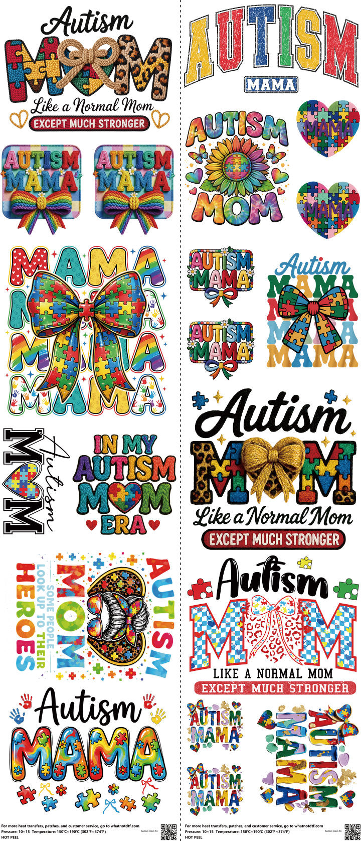 Autism Mom mixed-style heat transfer design set on a 23.5 by 53 inch sheet
