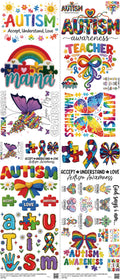 Autism mixed-style heat transfer design set on a 23.5 by 53 inch sheet