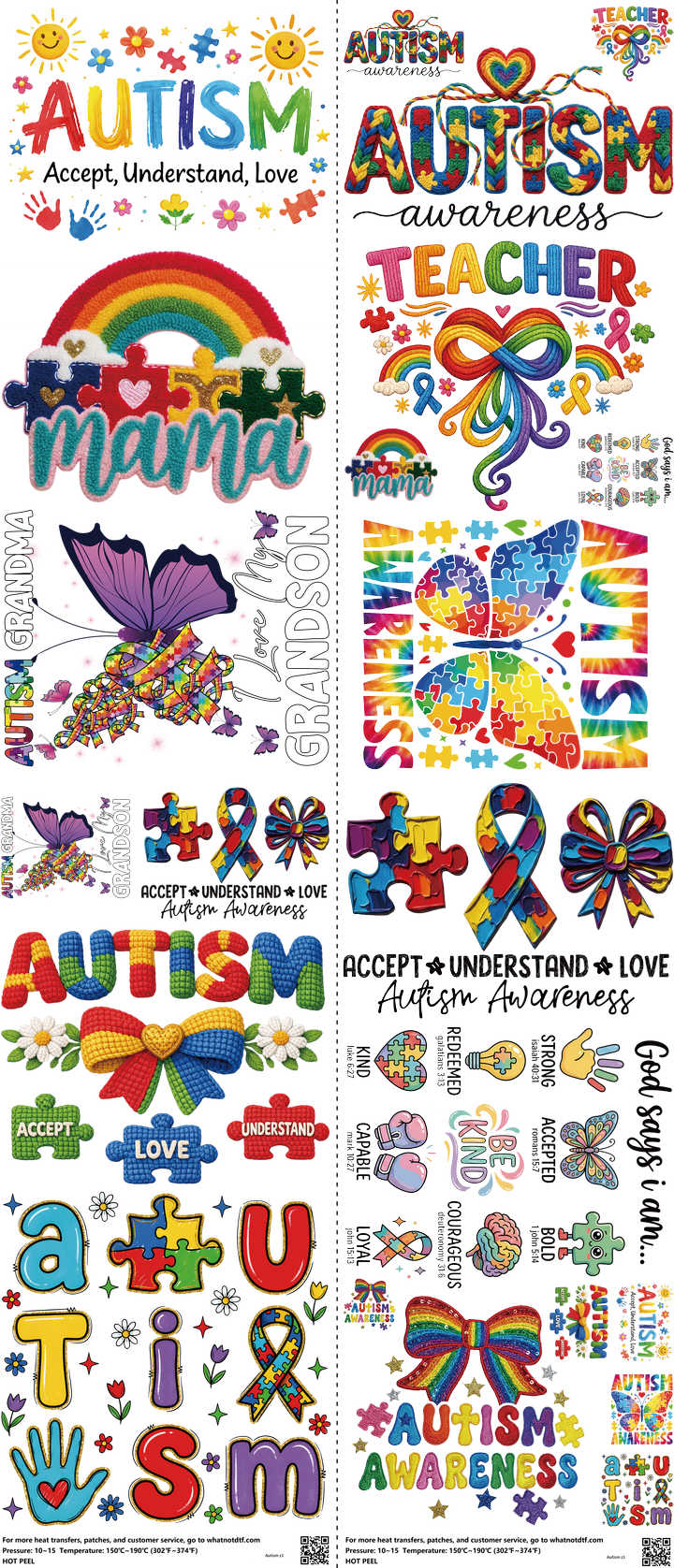 Autism mixed-style heat transfer design set on a 23.5 by 53 inch sheet