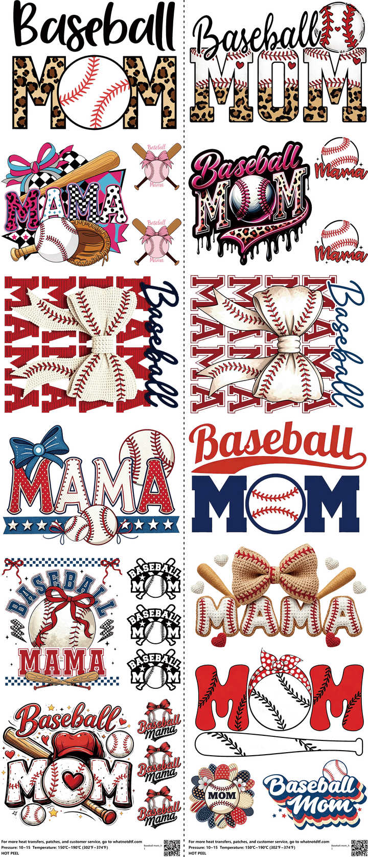Baseball Mom mixed-style heat transfer design set on a 23.5 by 53 inch sheet