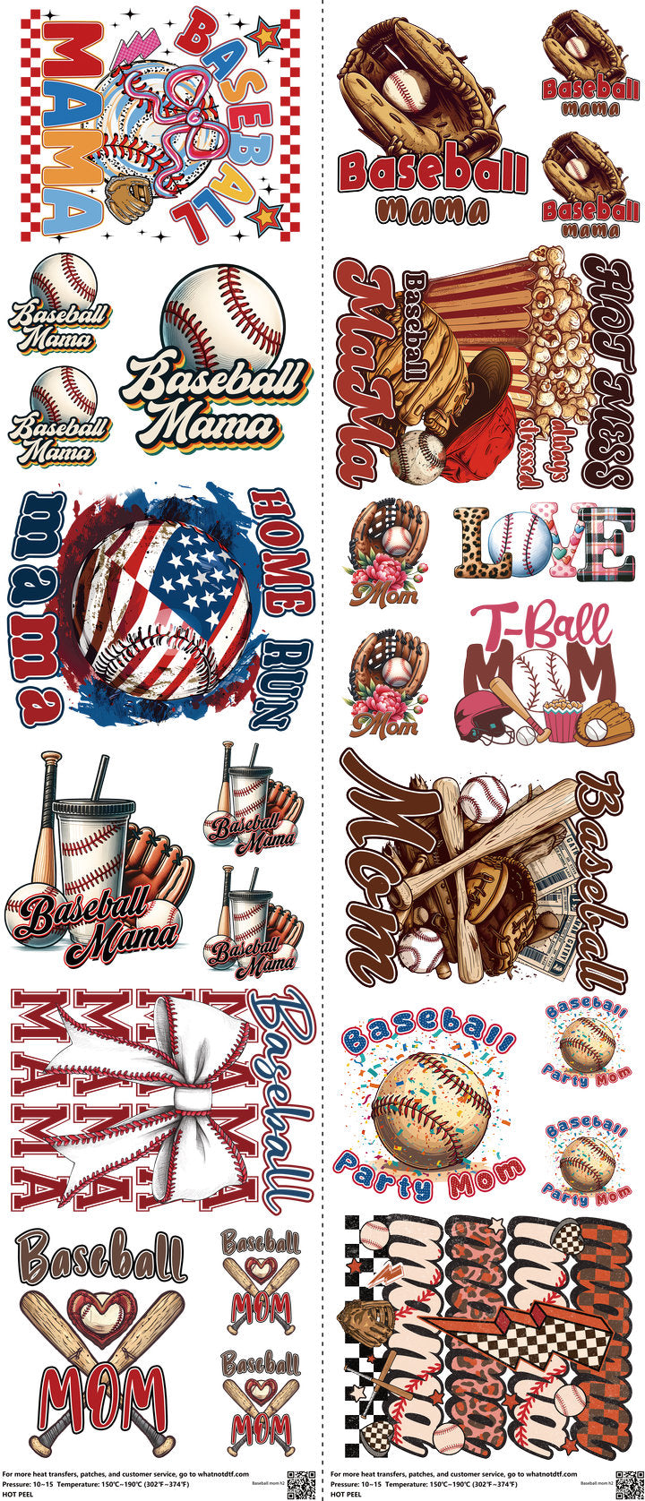 Baseball Mom mixed-style heat transfer design set on a 23.5 by 53 inch sheet