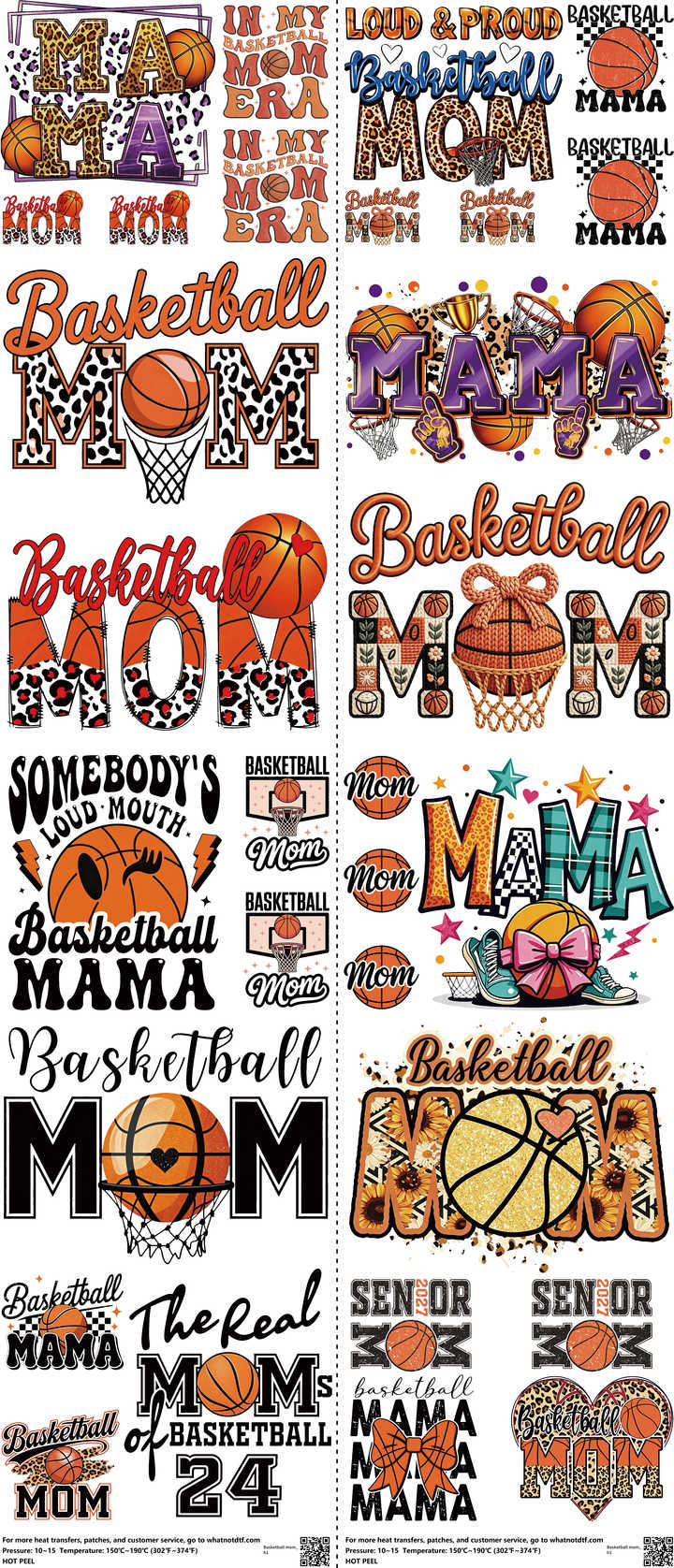 Basketball mixed-style heat transfer design set on a 23.5 by 53 inch sheet