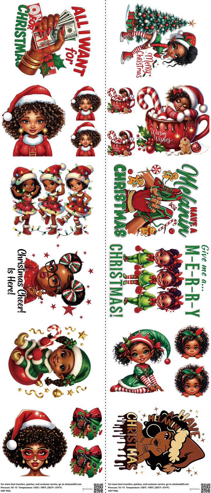 Black Christmas mixed-style heat transfer design set on a 23.5 by 53 inch sheet