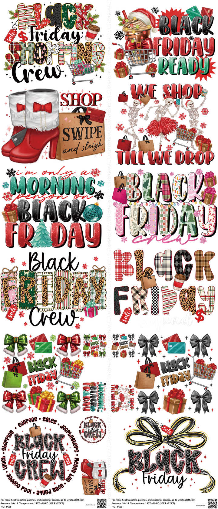 Black Friday mixed-style heat transfer design set on a 23.5 by 53 inch sheet