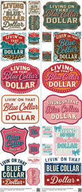 Blue Collar mixed-style heat transfer design set on a 23.5 by 53 inch sheet
