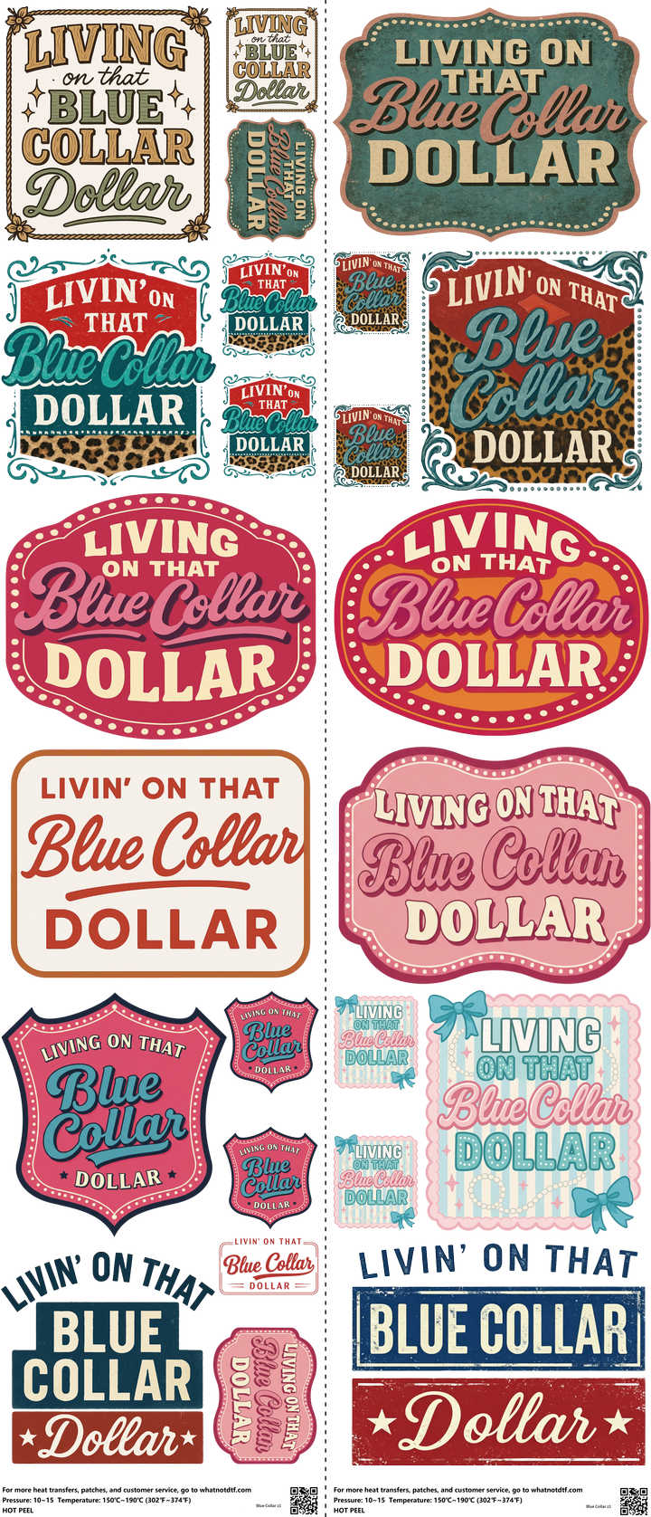 Blue Collar mixed-style heat transfer design set on a 23.5 by 53 inch sheet