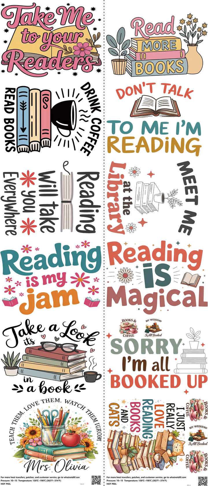 Books mixed-style heat transfer design set on a 23.5 by 53 inch sheet
