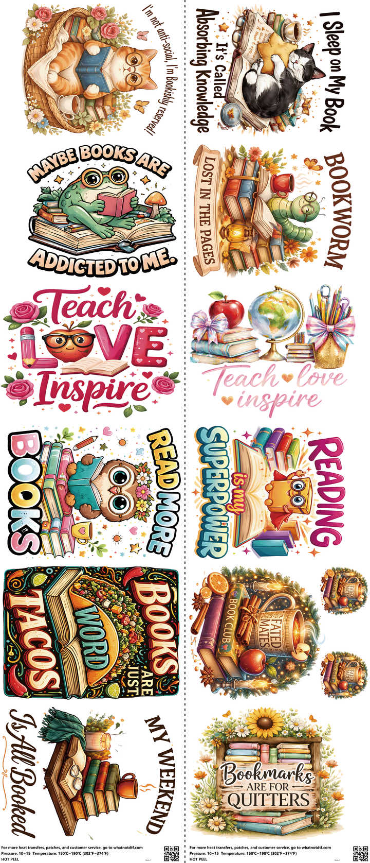 Books mixed-style heat transfer design set on a 23.5 by 53 inch sheet