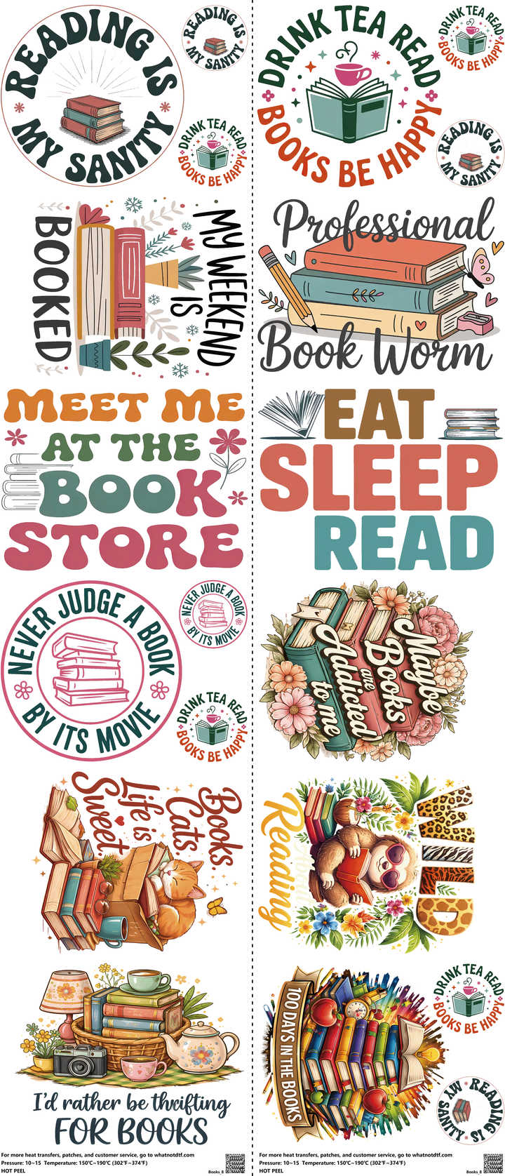 Books mixed-style heat transfer design set on a 23.5 by 53 inch sheet