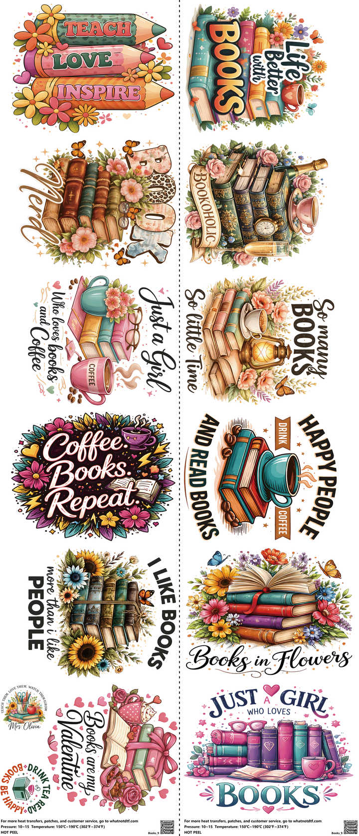 Books mixed-style heat transfer design set on a 23.5 by 53 inch sheet