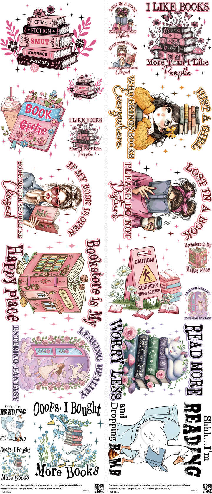 Books mixed-style heat transfer design set on a 23.5 by 53 inch sheet