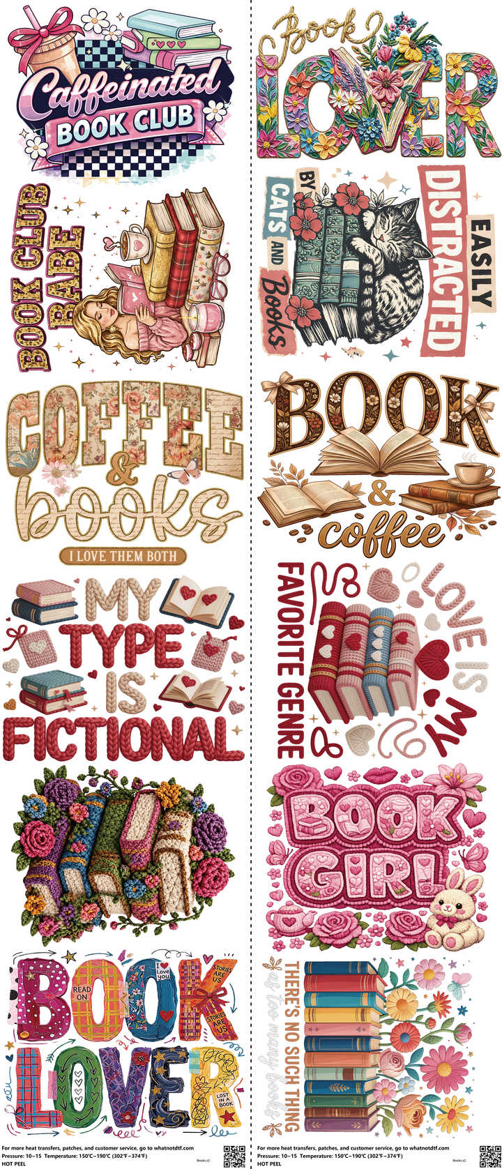 Books mixed-style heat transfer design set on a 23.5 by 53 inch sheet