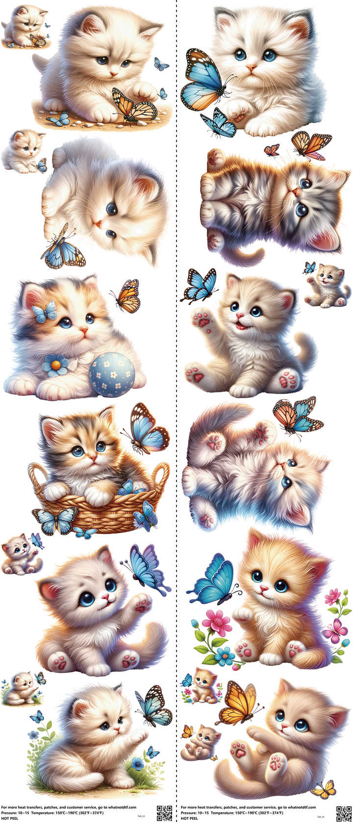 Cat mixed-style heat transfer design set on a 23.5 by 53 inch sheet