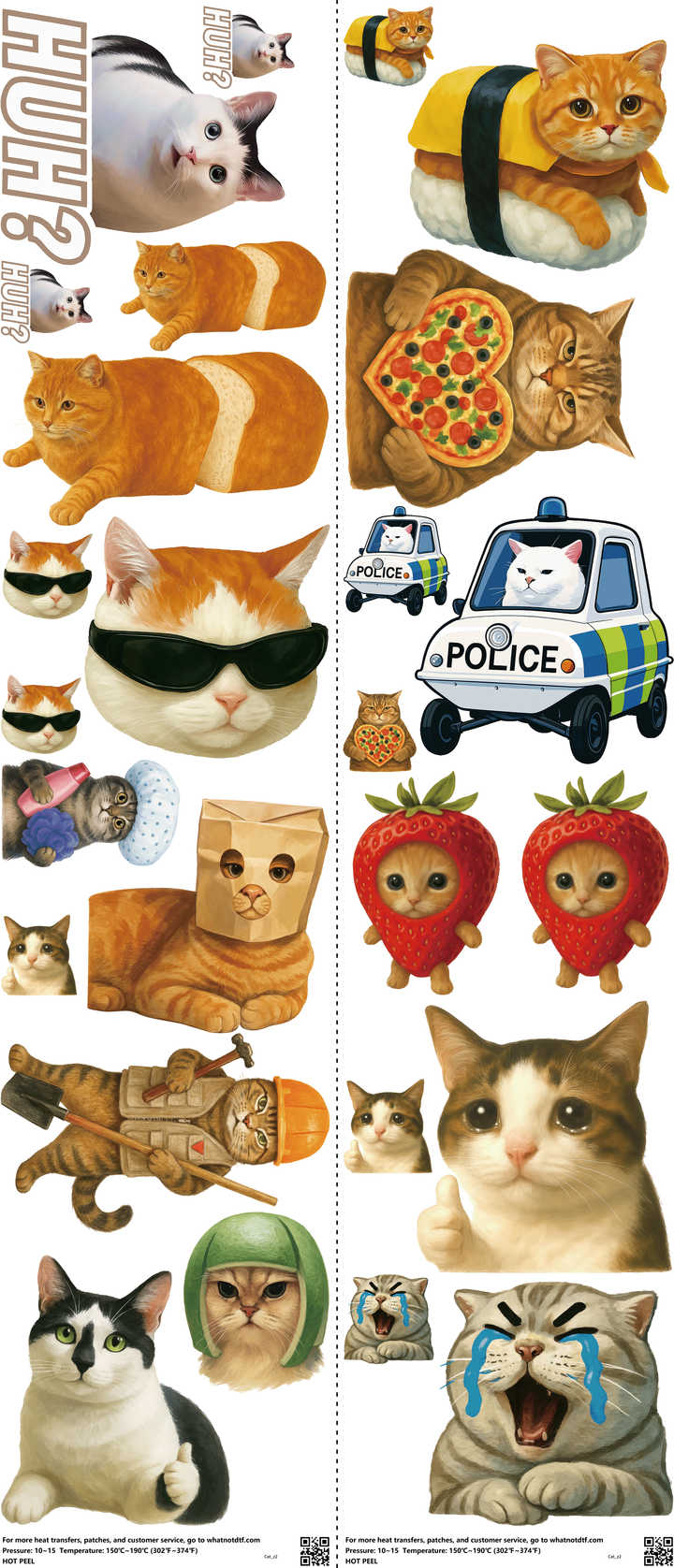 Cat mixed-style heat transfer design set on a 23.5 by 53 inch sheet