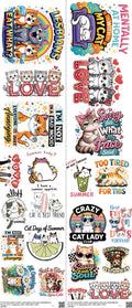 Cat mixed-style heat transfer design set on a 23.5 by 53 inch sheet