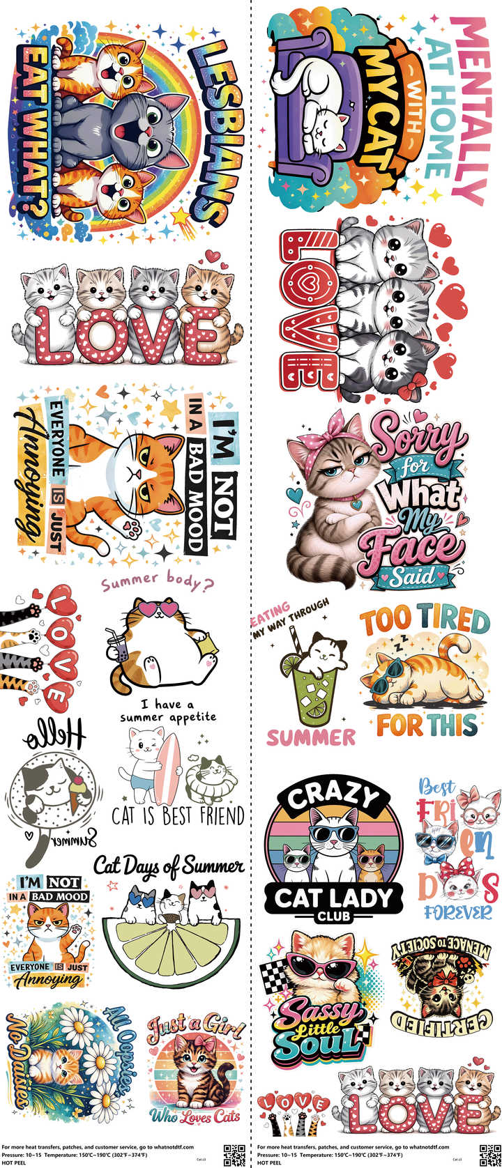 Cat mixed-style heat transfer design set on a 23.5 by 53 inch sheet