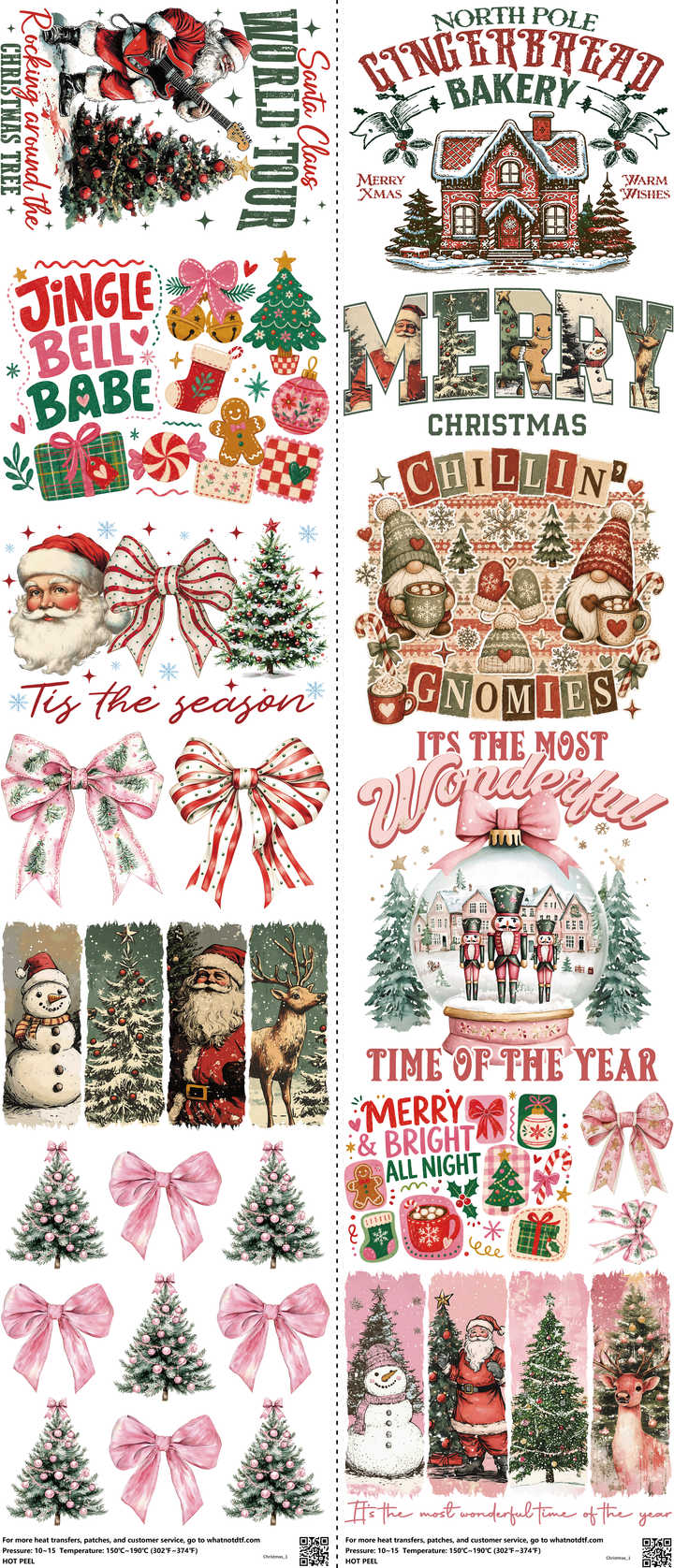 Christmas mixed-style heat transfer design set on a 23.5 by 53 inch sheet