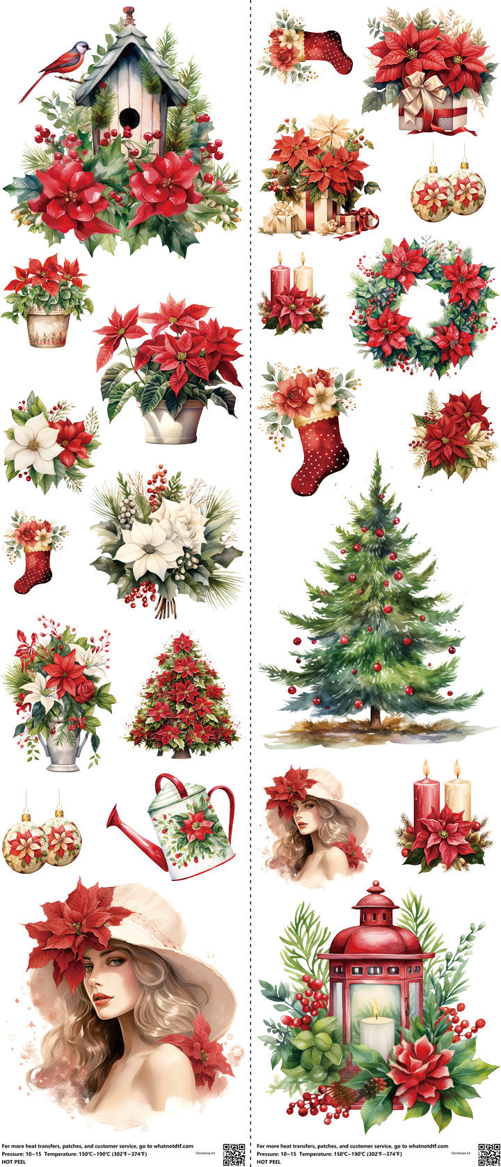 Christmas mixed-style heat transfer design set on a 23.5 by 53 inch sheet