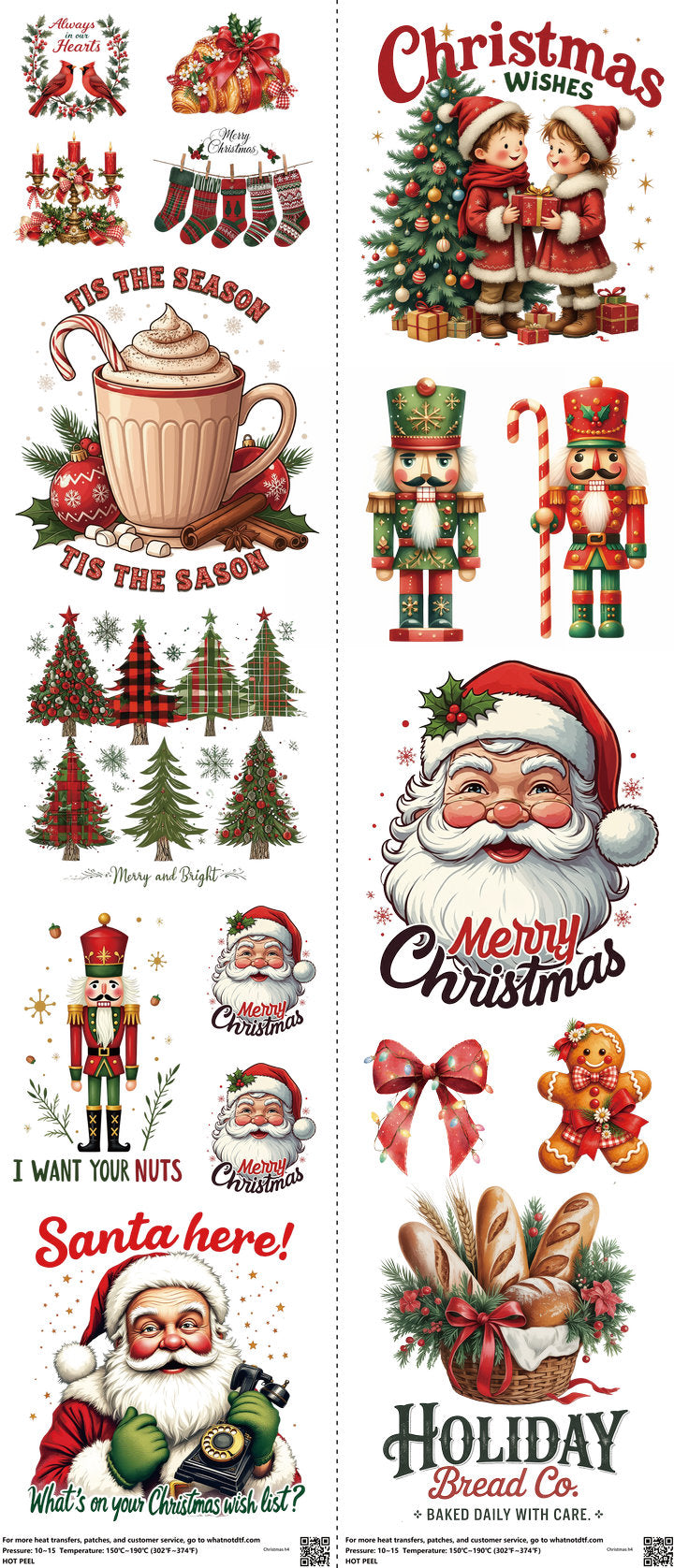 Christmas mixed-style heat transfer design set on a 23.5 by 53 inch sheet
