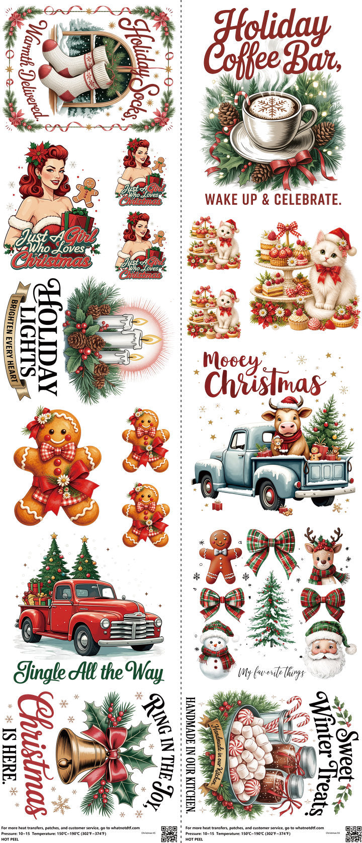 Christmas mixed-style heat transfer design set on a 23.5 by 53 inch sheet
