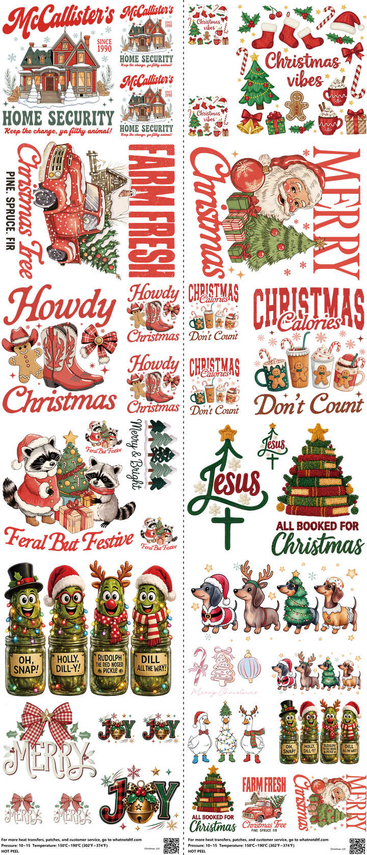 Christmas mixed-style heat transfer design set on a 23.5 by 53 inch sheet