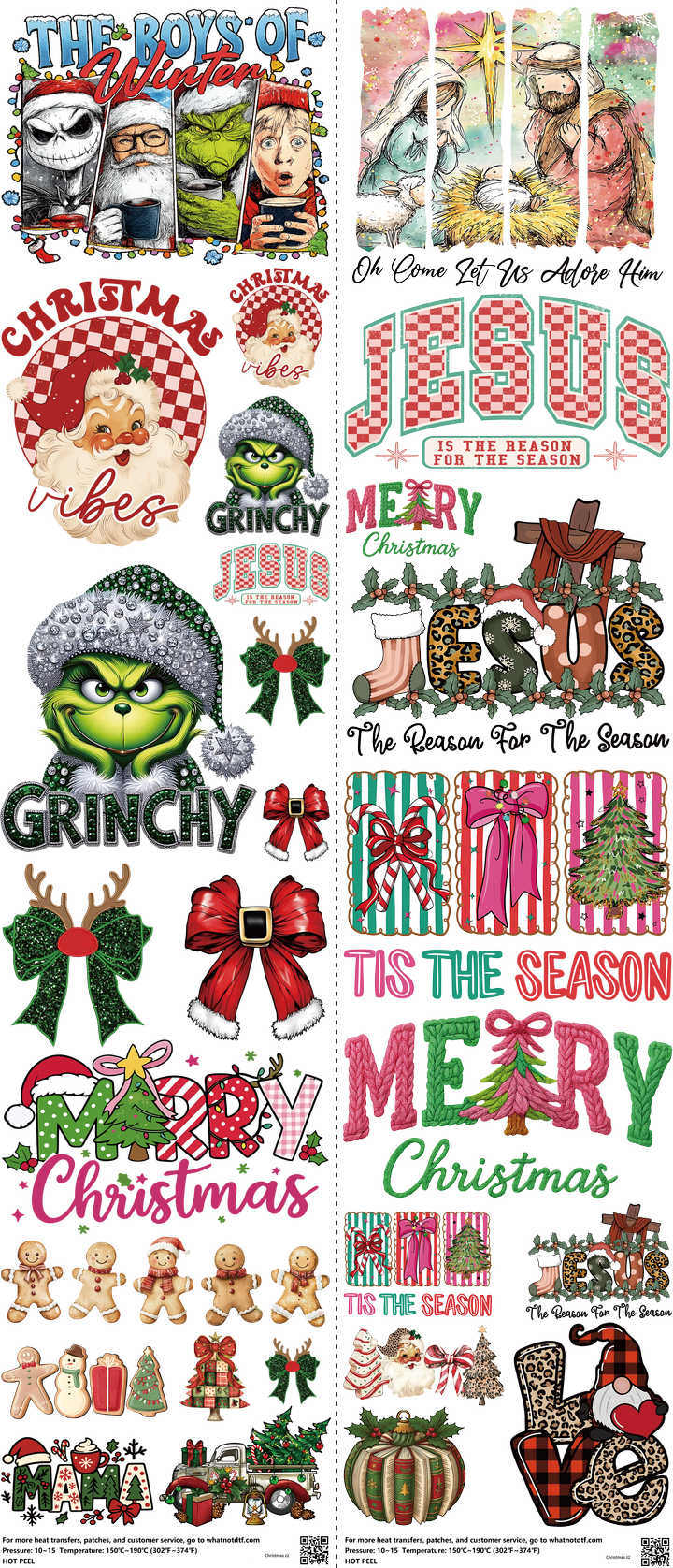 Christmas mixed-style heat transfer design set on a 23.5 by 53 inch sheet