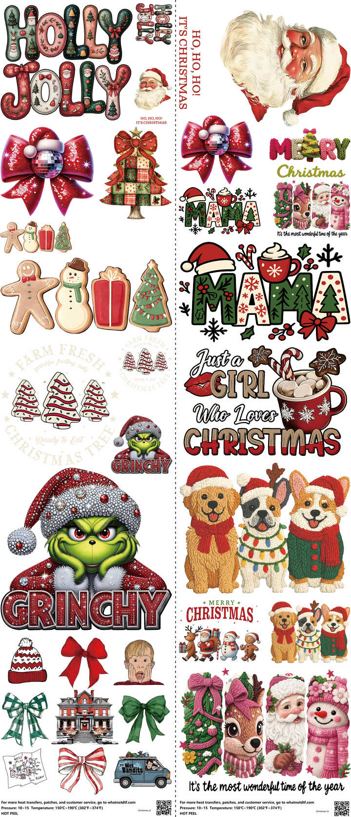 Christmas mixed-style heat transfer design set on a 23.5 by 53 inch sheet
