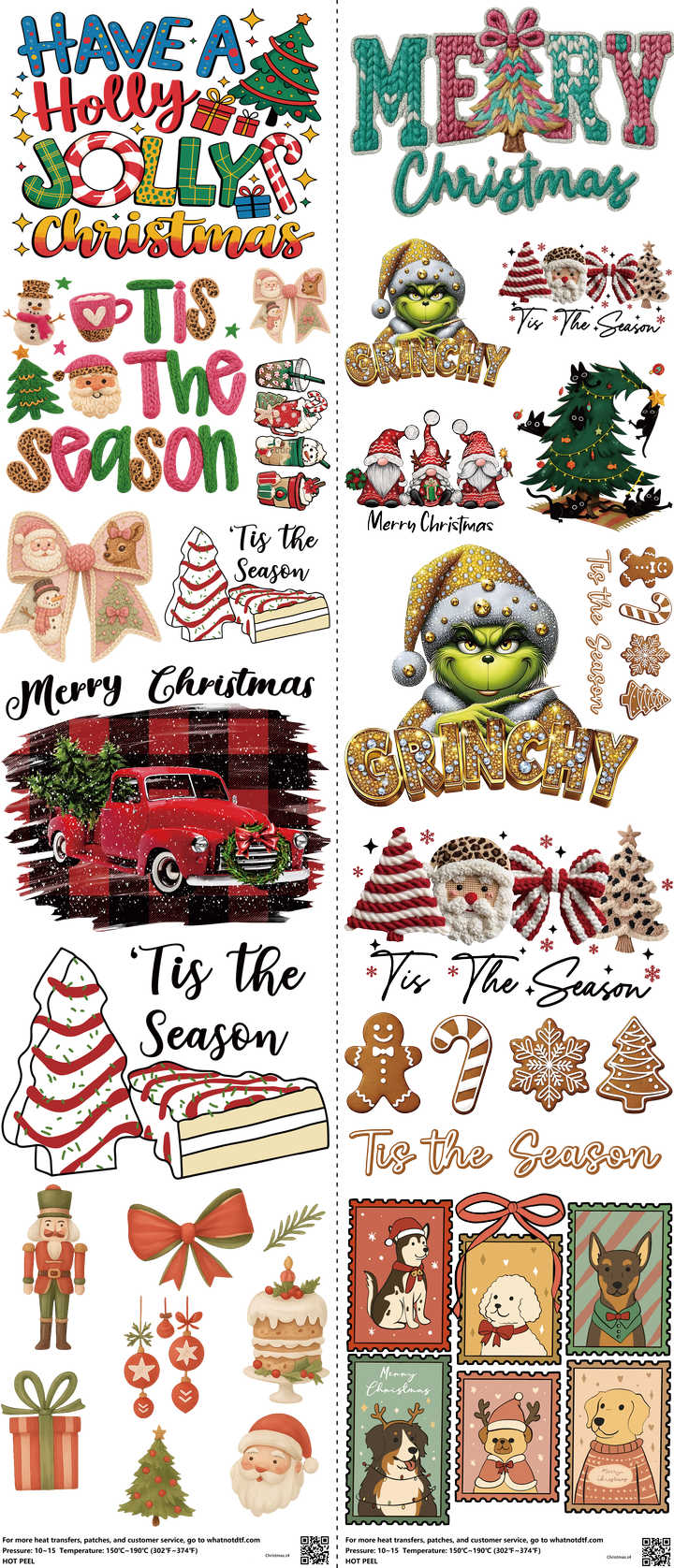 Christmas mixed-style heat transfer design set on a 23.5 by 53 inch sheet