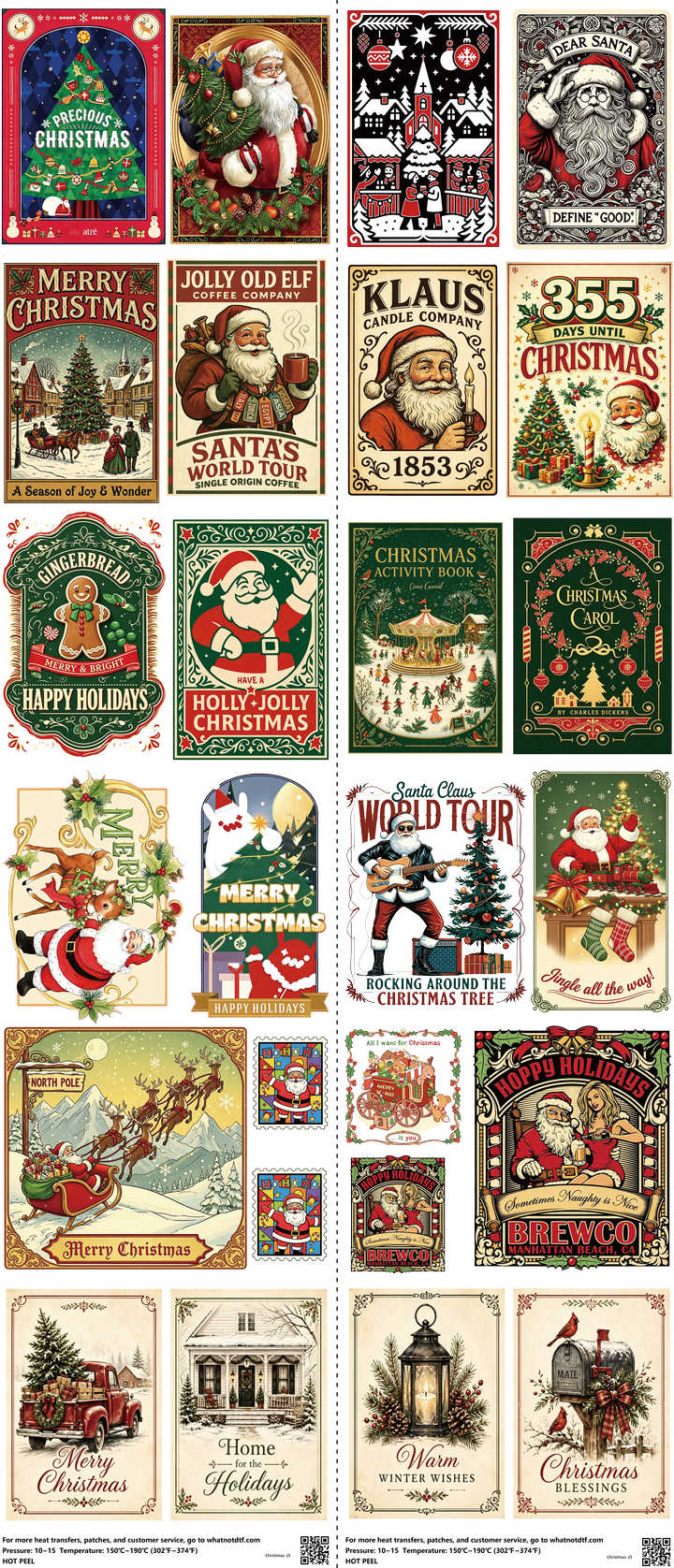 Christmas mixed-style heat transfer design set on a 23.5 by 53 inch sheet
