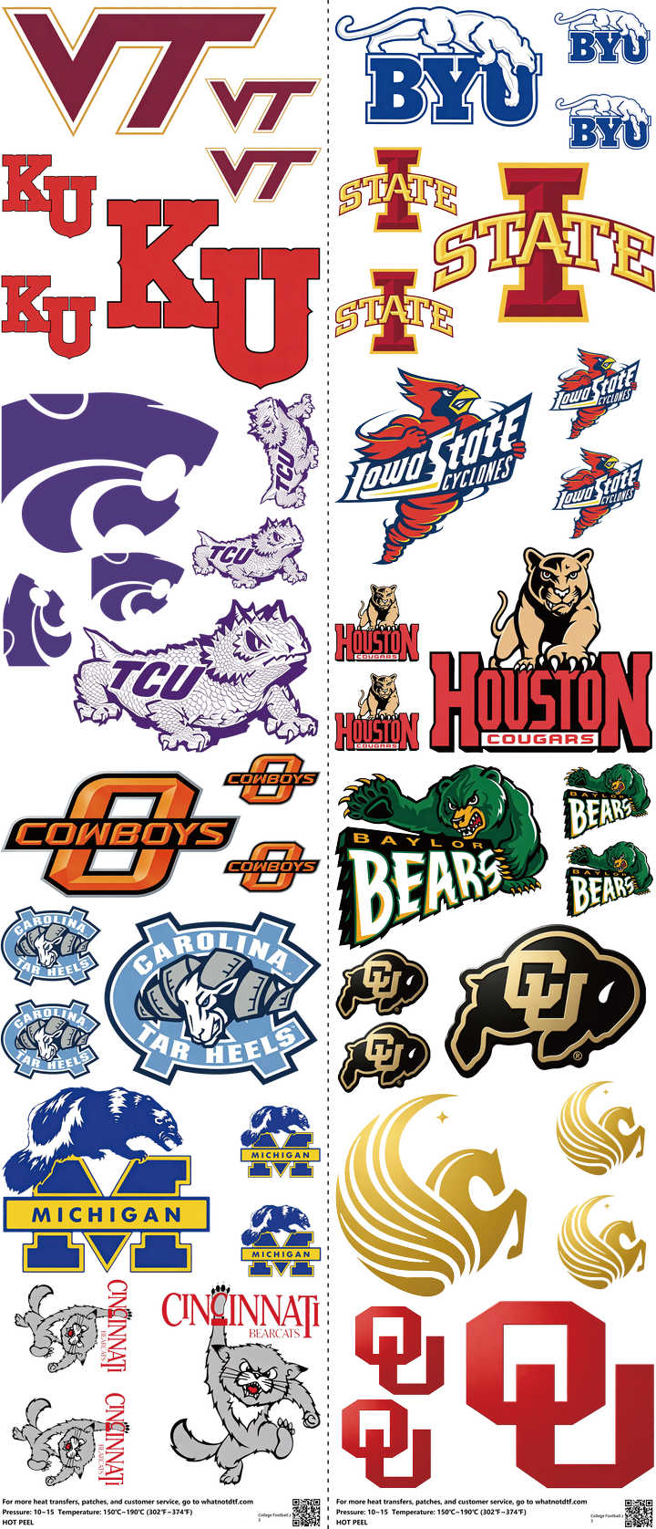 College Football mixed-style heat transfer design set on a 23.5 by 53 inch sheet
