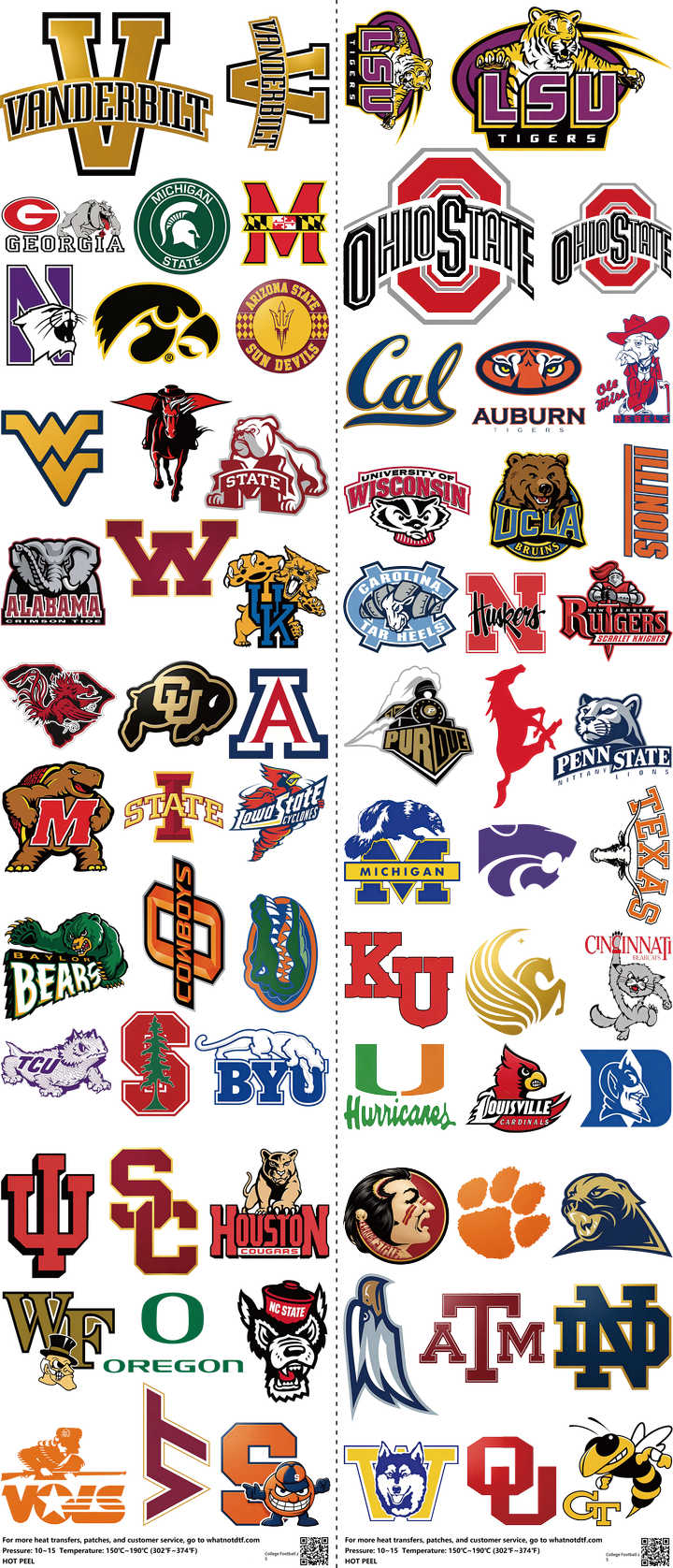 College Football mixed-style heat transfer design set on a 23.5 by 53 inch sheet