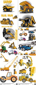 Construction Vehicles mixed-style heat transfer design set on a 23.5 by 53 inch sheet