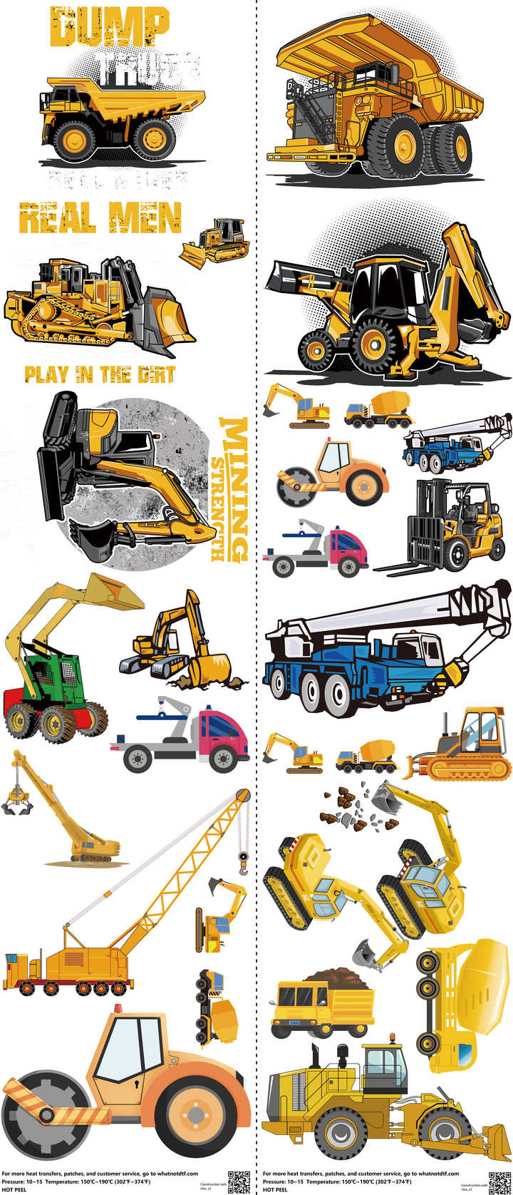 Construction Vehicles mixed-style heat transfer design set on a 23.5 by 53 inch sheet