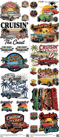 Motorsports mixed-style heat transfer design set on a 23.5 by 53 inch sheet