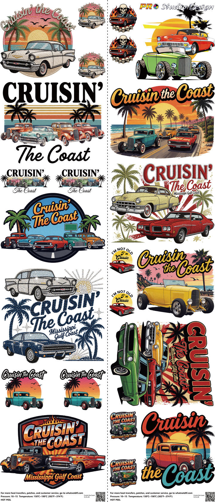 Motorsports mixed-style heat transfer design set on a 23.5 by 53 inch sheet