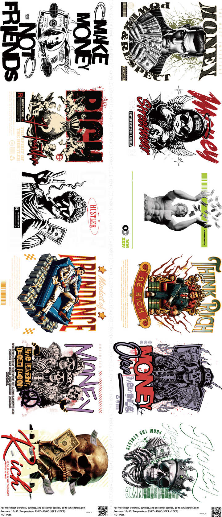 Dollars mixed-style heat transfer design set on a 23.5 by 53 inch sheet