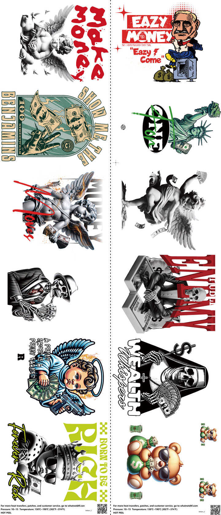 Dollars mixed-style heat transfer design set on a 23.5 by 53 inch sheet