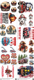 Firefighter mixed-style heat transfer design set on a 23.5 by 53 inch sheet