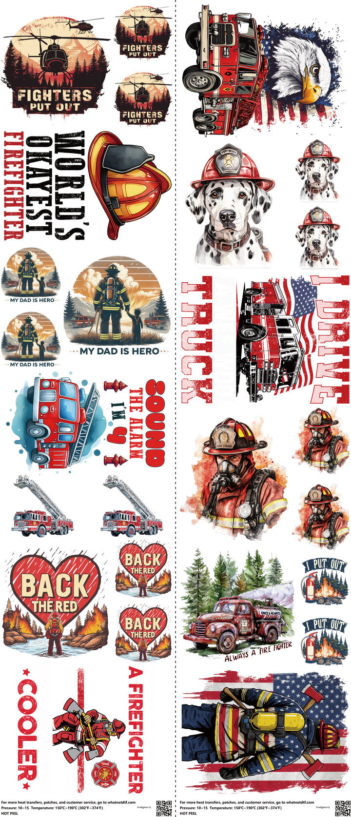 Firefighter mixed-style heat transfer design set on a 23.5 by 53 inch sheet