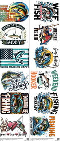 Fishing mixed-style heat transfer design set on a 23.5 by 53 inch sheet