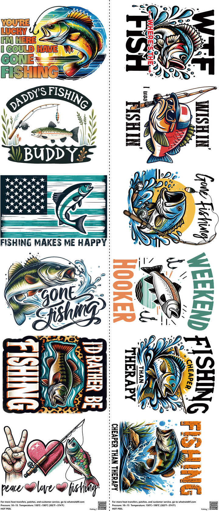Fishing mixed-style heat transfer design set on a 23.5 by 53 inch sheet