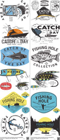 Fishing mixed-style heat transfer design set on a 23.5 by 53 inch sheet
