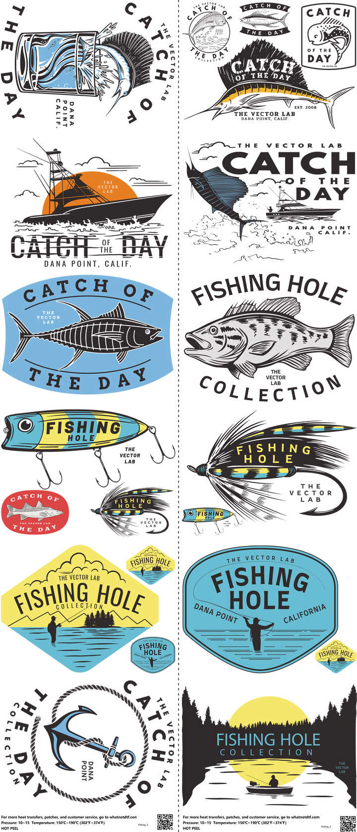 Fishing mixed-style heat transfer design set on a 23.5 by 53 inch sheet