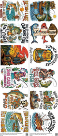 Fishing mixed-style heat transfer design set on a 23.5 by 53 inch sheet