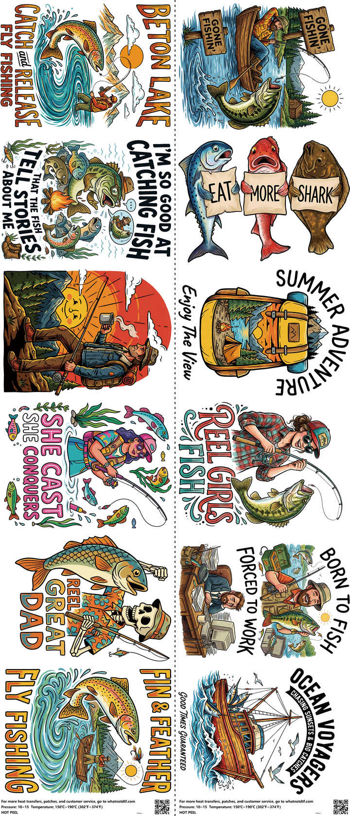 Fishing mixed-style heat transfer design set on a 23.5 by 53 inch sheet